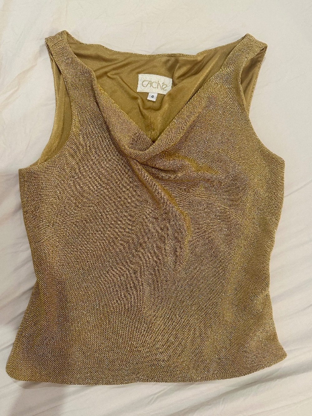 Vintage 90s/Y2K Cache Gold Lurex Cowl Neck Sleeveless Top - Size 4